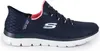 A side view of a navy blue Skechers slip-on sneaker with pink accents. Produktbild-Vorschau