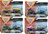 A collage of four packaged Monster Jam monster truck toy sets, each containing two trucks and showing a color-changing feature. Voir les images du produit