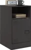 A dark gray nightstand with an open shelf and a cabinet door is shown against a white background. A digital clock and a mug on a saucer are placed on top of the nightstand. Produktbild-Vorschau