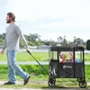 A man is pulling a wagon with a dog and a child in it, outdoors on a sunny day. Produktbild-Vorschau
