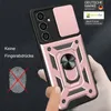 A hand is holding a rose gold phone case with a ring holder and camera cover. Produktbild-Vorschau