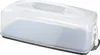 A rectangular cake carrier with a clear plastic lid and a gray base. Náhľad obrázku produktu