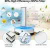 A robotic vacuum cleaner with a HEPA filter, surrounded by graphics illustrating its filtering capabilities and close-ups of its components. Voir les images du produit