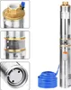 A collage of close-up shots of a submersible water pump and a coiled blue hose, with a full view of the pump and hose on the right. Náhled obrázku produktu