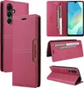 A collage of images showing a red leather flip wallet phone case for a Samsung Galaxy A16 5G/4G, with different angles and views of its features, including card slots and the phone inserted. Produktbild-Vorschau