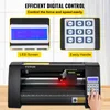 A VEVOR vinyl cutting plotter is shown with close-ups of its LED screen and control panel, highlighting its digital control features. Produktbild-Vorschau