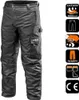 A pair of black work pants with various icons on the right side indicating features. Náhled obrázku produktu