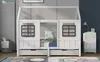 A white house-shaped bed with two windows and drawers, set in a bedroom. Podgląd zdjęcia produktu