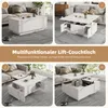 A collage of four images showing a white lift-top coffee table in different configurations and settings. Produktbild-Vorschau