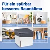 Collage of images showing different applications of a dehumidifier in various rooms and settings. Produktbild-Vorschau