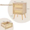 A diagram showing the dimensions of a wooden nightstand with two drawers, and a separate diagram showing the dimensions of one of the drawers. Náhled obrázku produktu