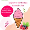 A marketing image for strawberry Danish soft serve ice cream powder, featuring an illustration of a soft serve ice cream cone, berries, and descriptive text. Produktbild-Vorschau