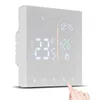 A digital thermostat is shown on a white background, with a finger interacting with the screen. Produktbild-Vorschau
