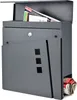 A modern gray mailbox with a newspaper compartment and three square windows is shown against a white background. Produktbild-Vorschau
