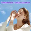 A woman with her eyes closed, wearing earbuds and jewelry, against a blue sky background. Produktbild-Vorschau