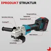 An angled view of a cordless angle grinder with various parts labeled with text. Voir les images du produit