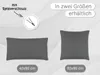Two grey pillowcases are shown, one rectangular and one square, with text indicating features and available sizes. Produktbild-Vorschau