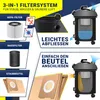 Collage of images and text explaining the 3-in-1 filter system of a vacuum cleaner, showing different filter types and how to attach a dust bag. Produktbild-Vorschau