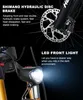 Close-up shots of an electric bicycle's features, specifically the hydraulic disc brake and the LED front light, with descriptive text. Produktbild-Vorschau