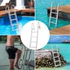 A collage of four images showing a removable dock ladder in various settings, including a swimming pool, a wooden dock, a person climbing it, and a rocky shore. Podgląd zdjęcia produktu