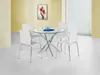 A dining set with a glass table and four chairs in a room with yellow walls and a window with blinds. Produktbild-Vorschau