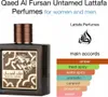 A bottle of Lattafa Qaed Al Fursan Untamed perfume is shown next to a list of its main accords. Voir les images du produit