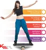 A woman is balancing on a KM-Fit balance board, with feature descriptions on the right side. Produktbild-Vorschau