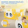 A baby playpen with panda faces, featuring text and a close-up of a baby. Produktbild-Vorschau