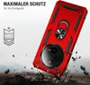 A red phone case with a ring holder is shown in a dynamic, action-oriented scene with debris flying around, suggesting durability and protection. Produktbild-Vorschau