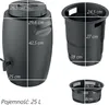 A product image showing a black plastic barrel with dimensions labeled, and two black plastic containers with dimensions labeled. Podgląd zdjęcia produktu