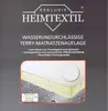A close-up of a mattress protector with water droplets and a fabric swatch. Produktbild-Vorschau