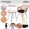 A collage of images showing a rattan bistro set with a table and chair, along with close-up details of its components and branding. Podgląd zdjęcia produktu