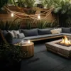 An outdoor patio area with a sectional sofa, fire pit, and wooden table. Anteprima dell’immagine prodotto