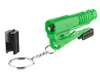 A green safety hammer and seatbelt cutter keychain with a black cap next to it, on a white background. Produktbild-Vorschau