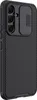 A black phone case with a textured surface and a sliding camera cover. Voir les images du produit