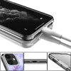 Collage of images showing an iPhone with a clear case, a close-up of the charging port, and a detail of the case's marble pattern. Produktbild-Vorschau