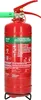 A red fire extinguisher with a green nozzle and a pressure gauge, standing on a black metal stand. Produktbild-Vorschau