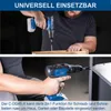 A man is using a cordless drill to screw into a piece of wood, and another shot shows a close-up of the drill being used to screw into a metal surface. Produktbild-Vorschau