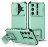 Multiple views of a turquoise smartphone case with a sliding camera cover and kickstand. Produktbild-Vorschau