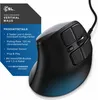 A black vertical mouse is shown on a white background, with a blue gradient at the base. A dark blue and grey graphic overlay on the left details product features. Produktbild-Vorschau