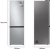 Front and side views of a silver Samsung refrigerator with dimensions indicated. Náhled obrázku produktu