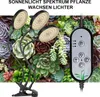 A close-up of a plant grow light with three adjustable heads, clipped onto a base, with a variety of succulents in the background. A remote control is visible to the right. Produktbild-Vorschau