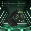 A gaming headset is displayed on a glowing green platform with abstract green structures in the background. Labels point to different parts of the headset. Produktbild-Vorschau