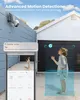 A security camera system is shown with a mobile app interface and a child in the background. Produktbild-Vorschau