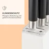 A close-up view of a knife block with knives inserted, featuring a text overlay describing blade protection. Produktbild-Vorschau