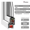 A cross-section diagram of a window profile with technical specifications and energy efficiency ratings. Anteprima dell’immagine prodotto
