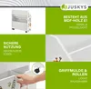 A collage of images showcasing a white children's bookshelf with various features highlighted. Podgląd zdjęcia produktu