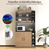 A kitchen cabinet with LED lighting and a remote control, featuring storage shelves, a microwave, and decorative items. Produktbild-Vorschau