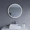 A modern bathroom vanity with a square sink, black faucet, and a round LED mirror above. Produktbild-Vorschau