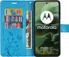 A blue wallet-style phone case with a Motorola Moto G35 phone inside, showing credit cards and a banknote. Produktbild-Vorschau